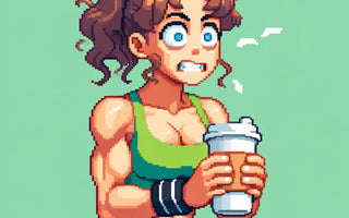 a jittery athlete drinking a cup of coffee instead of using Cordyceps functional mushroom for energy