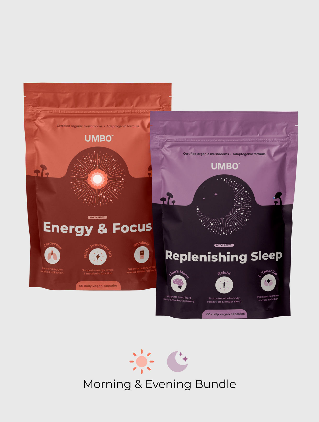Two supplement packages labeled 'Energy & Focus' and 'Replenishing Sleep' with mushroom graphics.